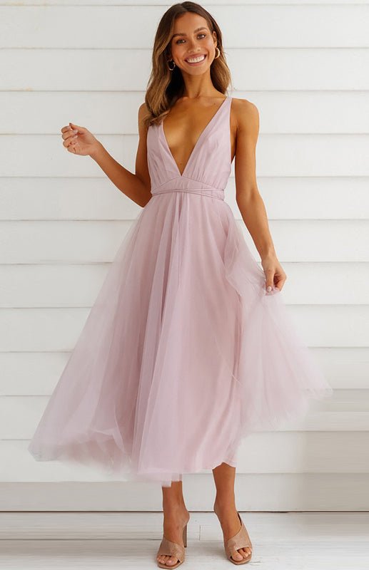 Levoire | Sexy Profond V dos nu-pas Snag Mesh Puff Robe Rosa