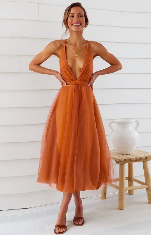 Levoire | Sexy Profond V dos nu-pas Snag Mesh Puff Robe Orange