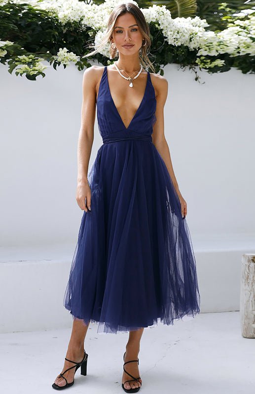 Levoire | Sexy Profond V dos nu-pas Snag Mesh Puff Robe Bleu royal