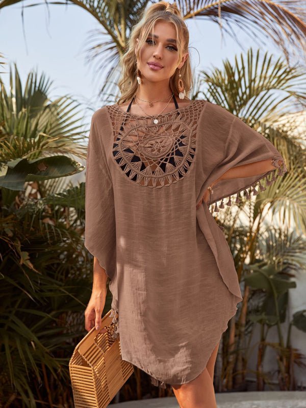 Levoire | Sexy Off-Shoulder troué bikini à franges lâches avec chemisier de plage Ins Khaki UNE TAILLE