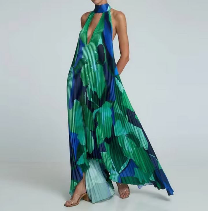 Levoire | Robe Plissée Longue Avec Col Halter Vert