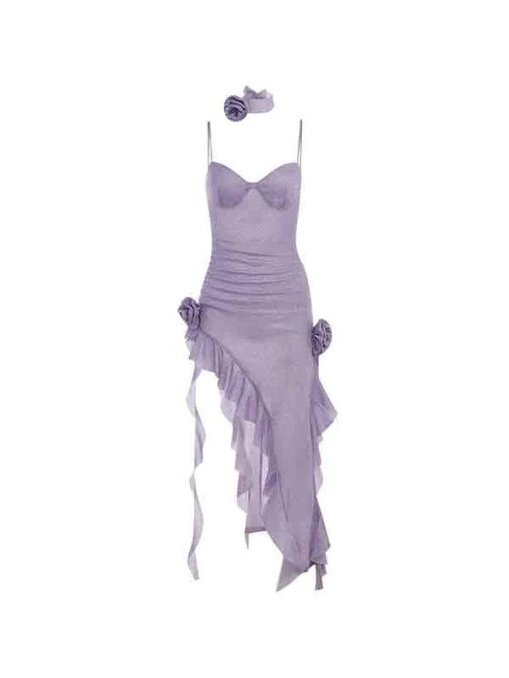 Levoire | Détail De Volants Brillant Ourlet Fendu Asymétrique Robe Maxi Fleurs