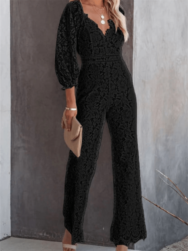 Levoire | Combinaison blanche avec motif floral creux et décolleté en V pour femmes Noir