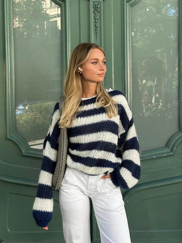 Levoire | Pull Rayé Off Shoulder Pour Femmes Bleu Foncé