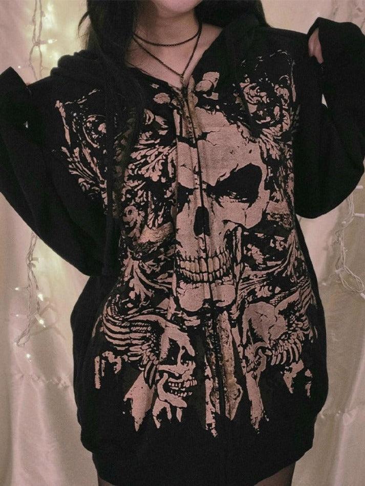 Levoire | Imprimé Crâne Zipup Grande Taille Sweat À Capuche Noir