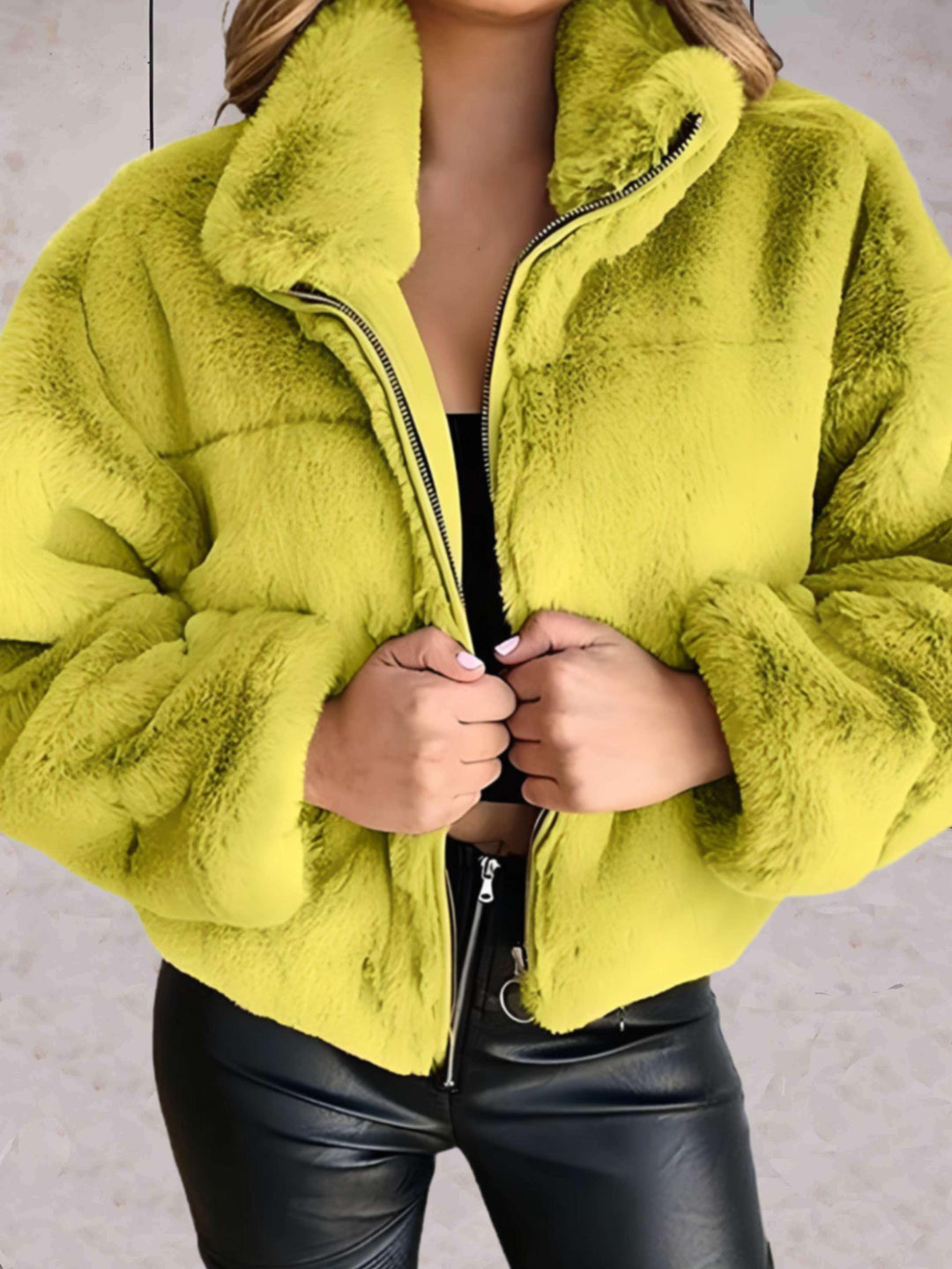 Levoire | Veste En Fausse Fourrure Avec Fermeture Eclair, Cosy Et Tendance Jaune