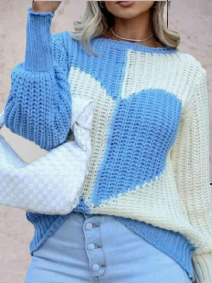 Levoire | Pull En Tricot Décontracté Bicolore Avec Col Rond Et Motif En Forme De Cœur Bleu