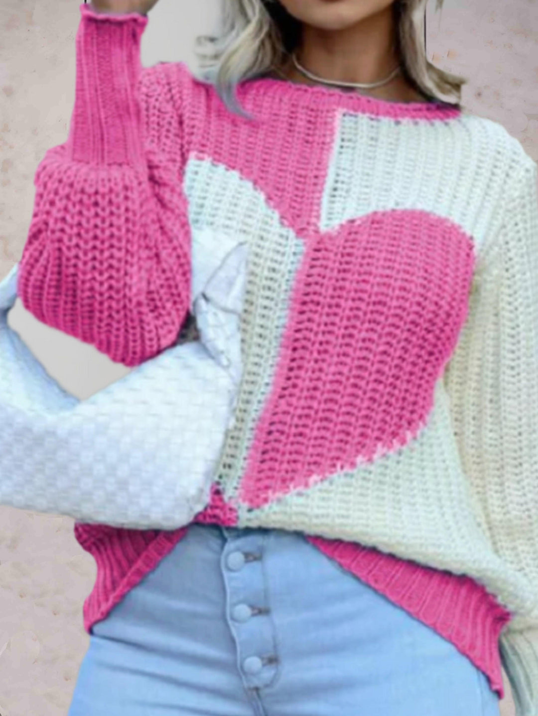Levoire | Pull En Tricot Décontracté Bicolore Avec Col Rond Et Motif En Forme De Cœur Rose foncé