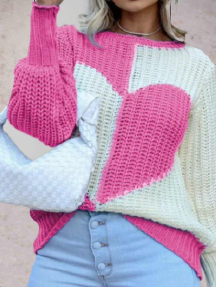 Levoire | Pull En Tricot Décontracté Bicolore Avec Col Rond Et Motif En Forme De Cœur Rose foncé