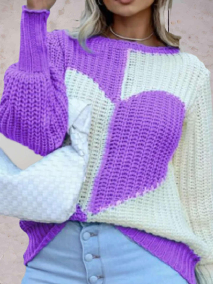 Levoire | Pull En Tricot Décontracté Bicolore Avec Col Rond Et Motif En Forme De Cœur Lilas