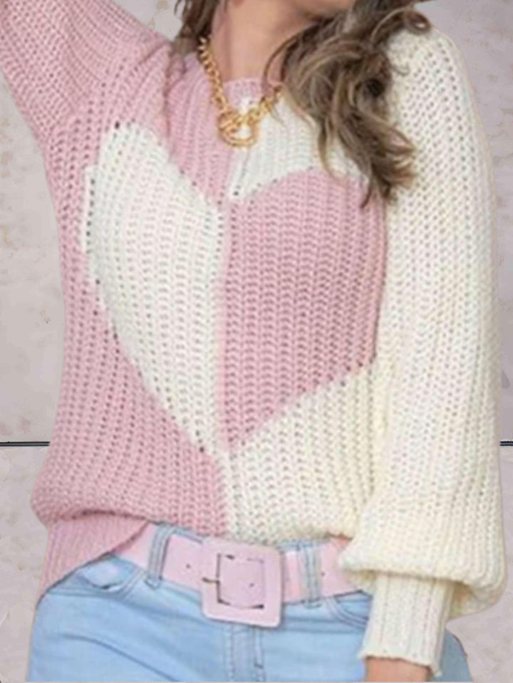 Levoire | Pull En Tricot Décontracté Bicolore Avec Col Rond Et Motif En Forme De Cœur