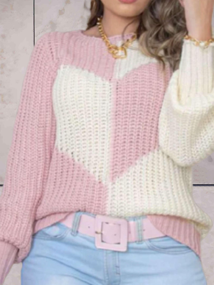 Levoire | Pull En Tricot Décontracté Bicolore Avec Col Rond Et Motif En Forme De Cœur Rosa