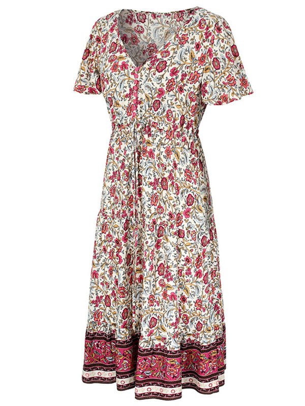 Levoire | Robe mi-longue asymétrique à fleurs petite motif slim-fit avec décolleté en V et manches courtes