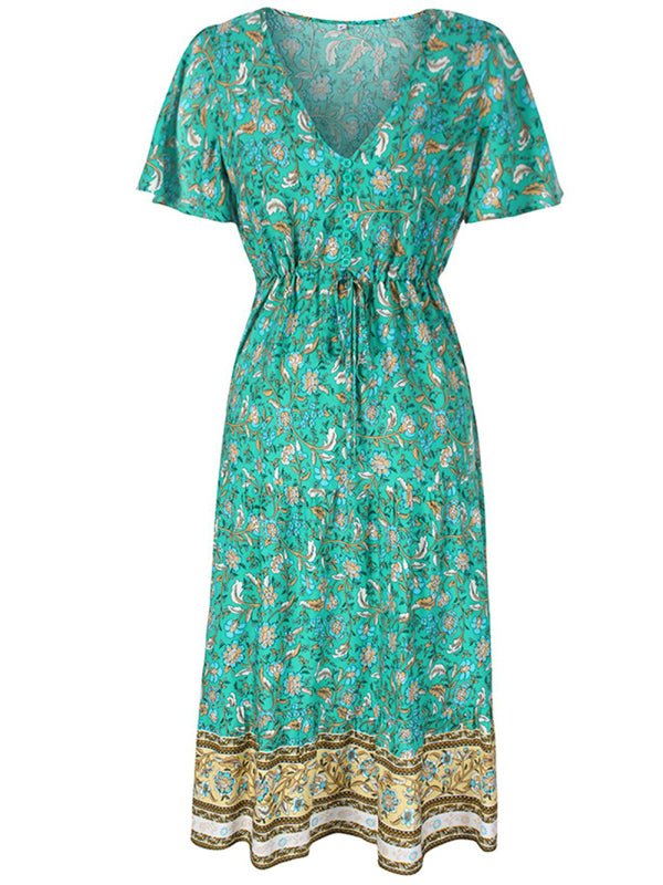 Levoire | Robe mi-longue asymétrique à fleurs petite motif slim-fit avec décolleté en V et manches courtes