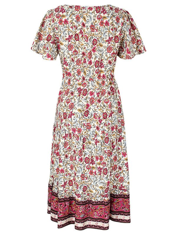 Levoire | Robe mi-longue asymétrique à fleurs petite motif slim-fit avec décolleté en V et manches courtes