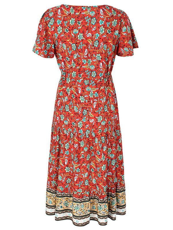 Levoire | Robe mi-longue asymétrique à fleurs petite motif slim-fit avec décolleté en V et manches courtes
