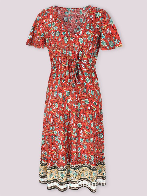Levoire | Robe mi-longue asymétrique à fleurs petite motif slim-fit avec décolleté en V et manches courtes