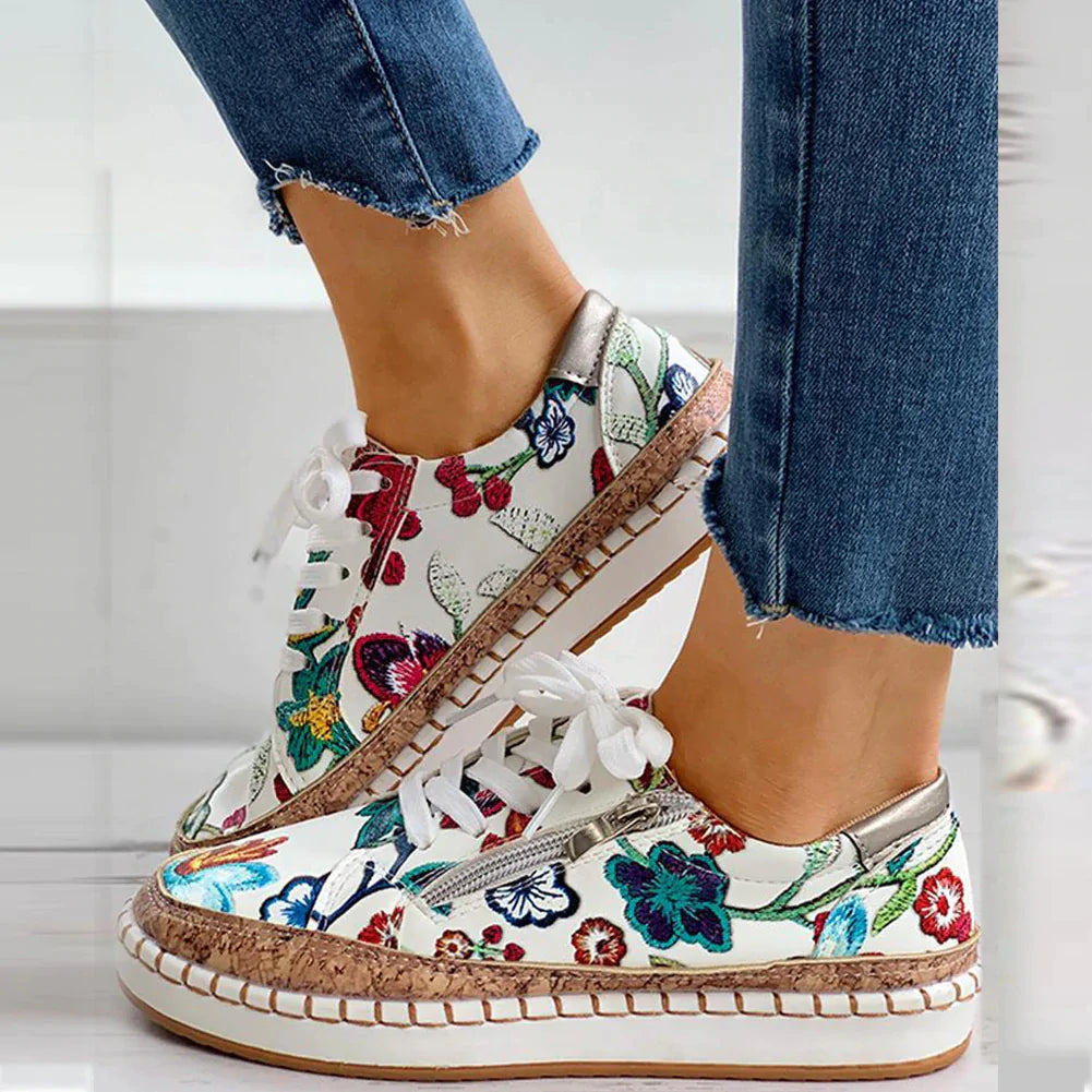 Levoire | Chaussures Femmes À Enfiler Avec Broderie De Fleurs - Chaussures Légères Pour Toutes Les Saisons Blanc & Rouge