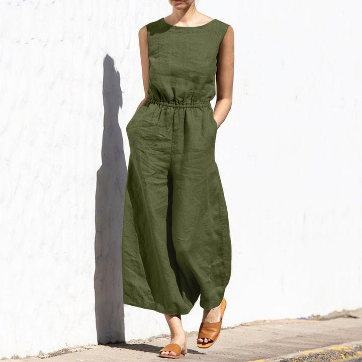 Levoire | Combinaison pantalon unie pour femmes avec taille haute, sans manches, mode, décontractée, jumpsuit ample Vert olive