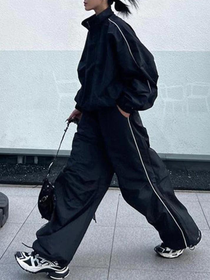 Levoire | Veste À Cordon Solide & Pantalon Large À Pieds Liés Noir