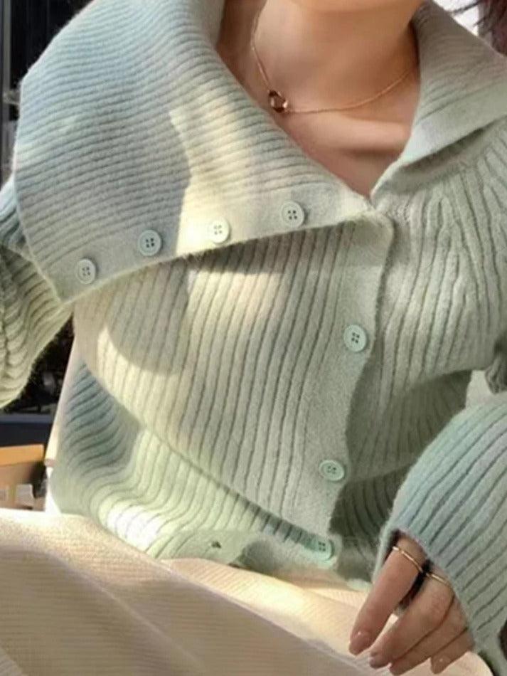 Levoire | Fête Asymétrique Col Revers Épaules Nues Manches Longues Tricot Vert UNE TAILLE