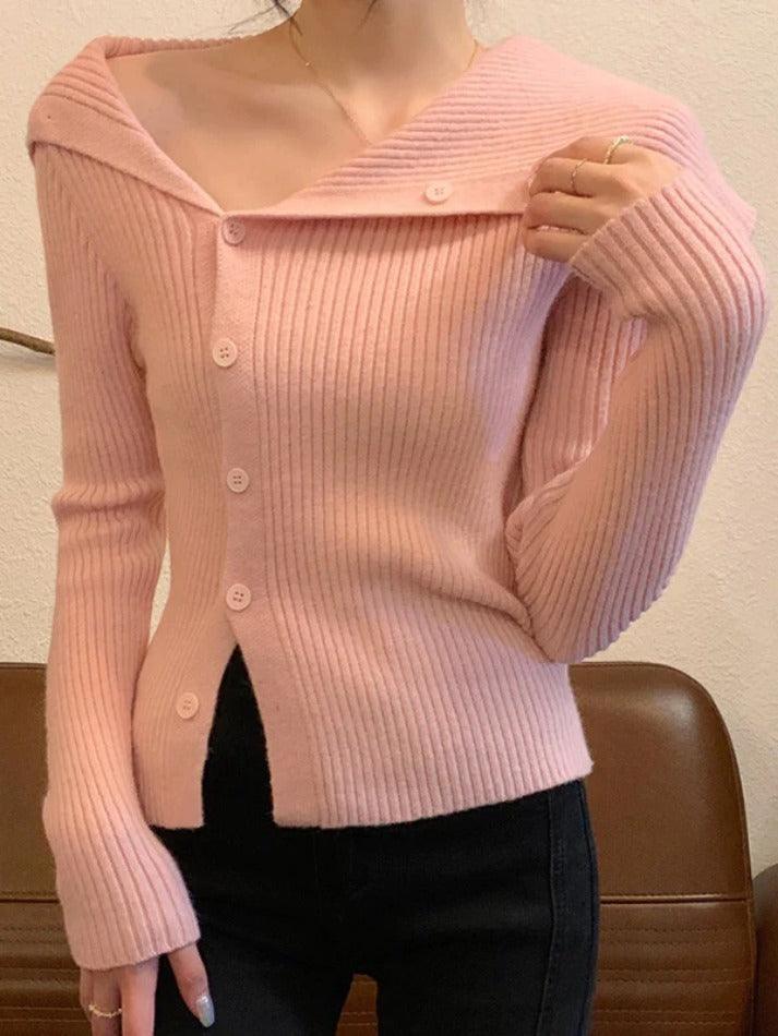 Levoire | Fête Asymétrique Col Revers Épaules Nues Manches Longues Tricot Rosa UNE TAILLE