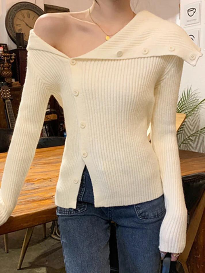 Levoire | Fête Asymétrique Col Revers Épaules Nues Manches Longues Tricot