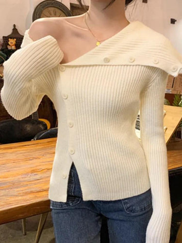 Levoire | Fête Asymétrique Col Revers Épaules Nues Manches Longues Tricot