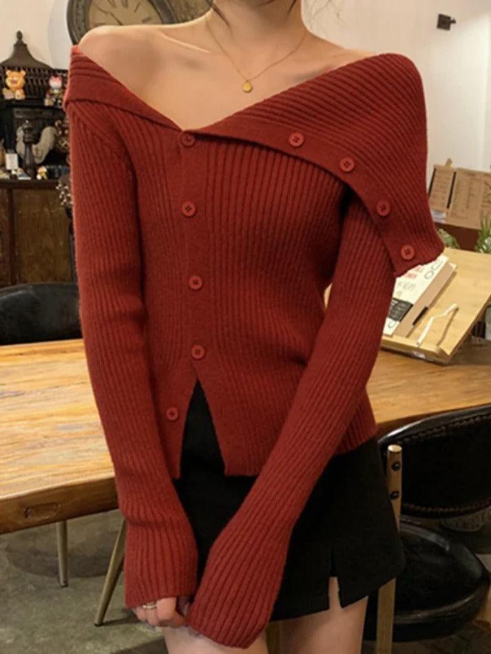 Levoire | Fête Asymétrique Col Revers Épaules Nues Manches Longues Tricot