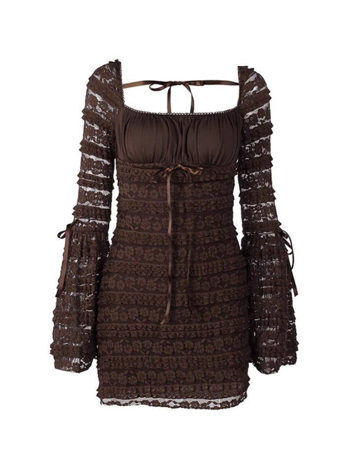 Levoire | Robe Mini À Encolure Carrée En Dentelle Superposée Simple Braun