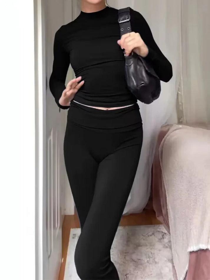 Levoire | T-Shirt Slim À Manches Longues Simple & Ensemble De Leggings Évasés Noir