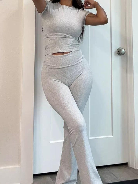 Levoire | T-Shirt Slim À Manches Courtes Uni & Ensemble Pantalon Évasé Gris