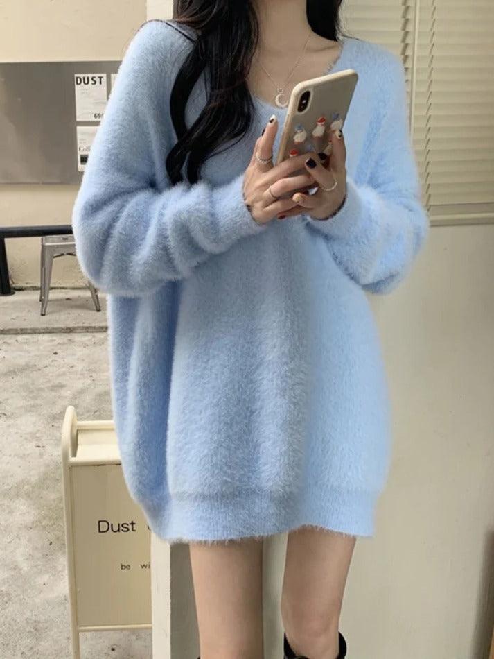 Levoire | Pull En Peluche À Encolure En V Unie Bleu UNE TAILLE