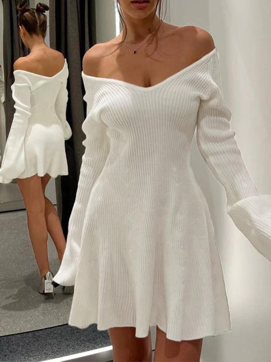 Levoire | Robe Mini En Tricot Côtelé À Encolure En V Unie Blanc