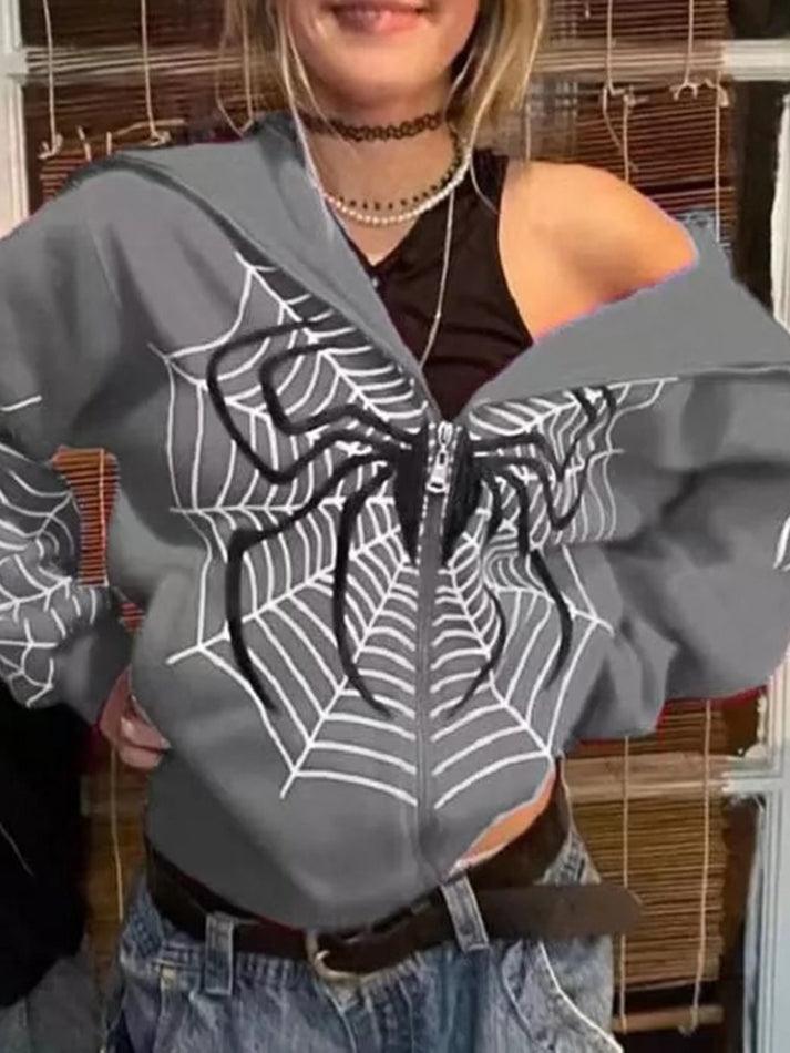 Levoire | Impression Araignée Zipup Sweat À Capuche Gris