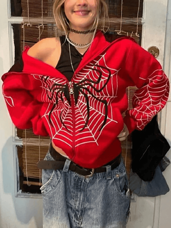 Levoire | Impression Araignée Zipup Sweat À Capuche Rot