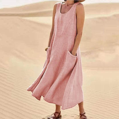 Levoire | Robe sans manches pour femmes en coton et lin, avec poche Rosa