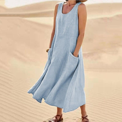 Levoire | Robe sans manches pour femmes en coton et lin, avec poche Bleu ciel