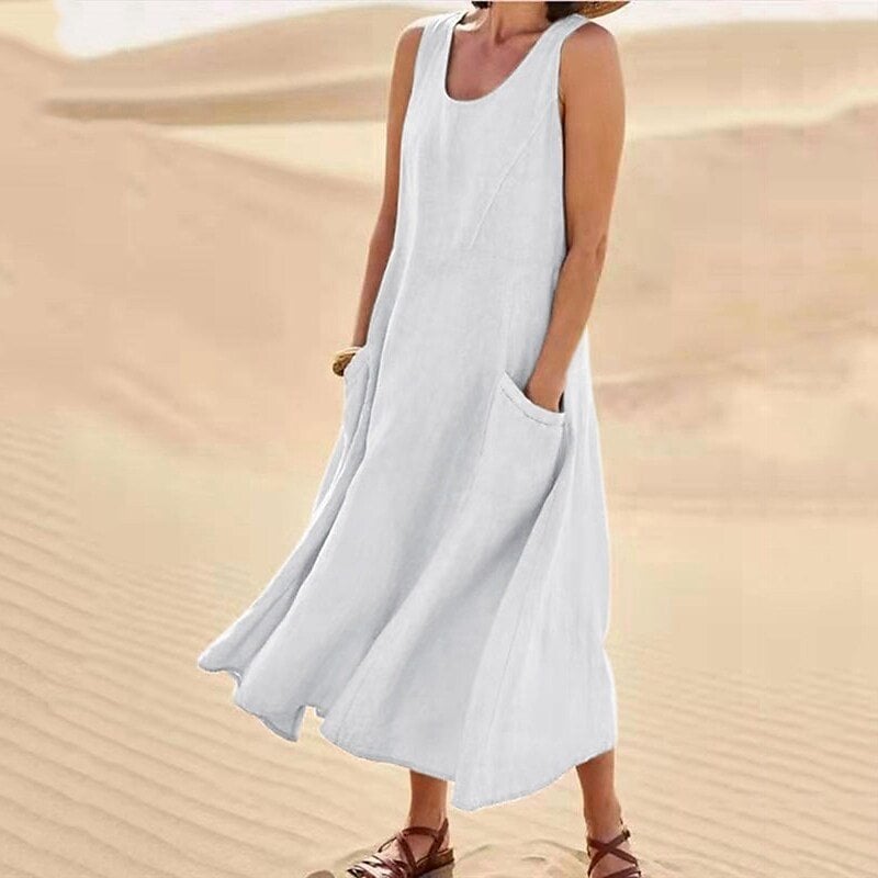 Levoire | Robe sans manches pour femmes en coton et lin, avec poche Blanc