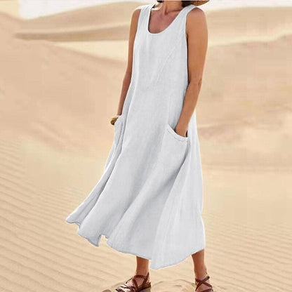 Levoire | Robe sans manches pour femmes en coton et lin, avec poche Blanc
