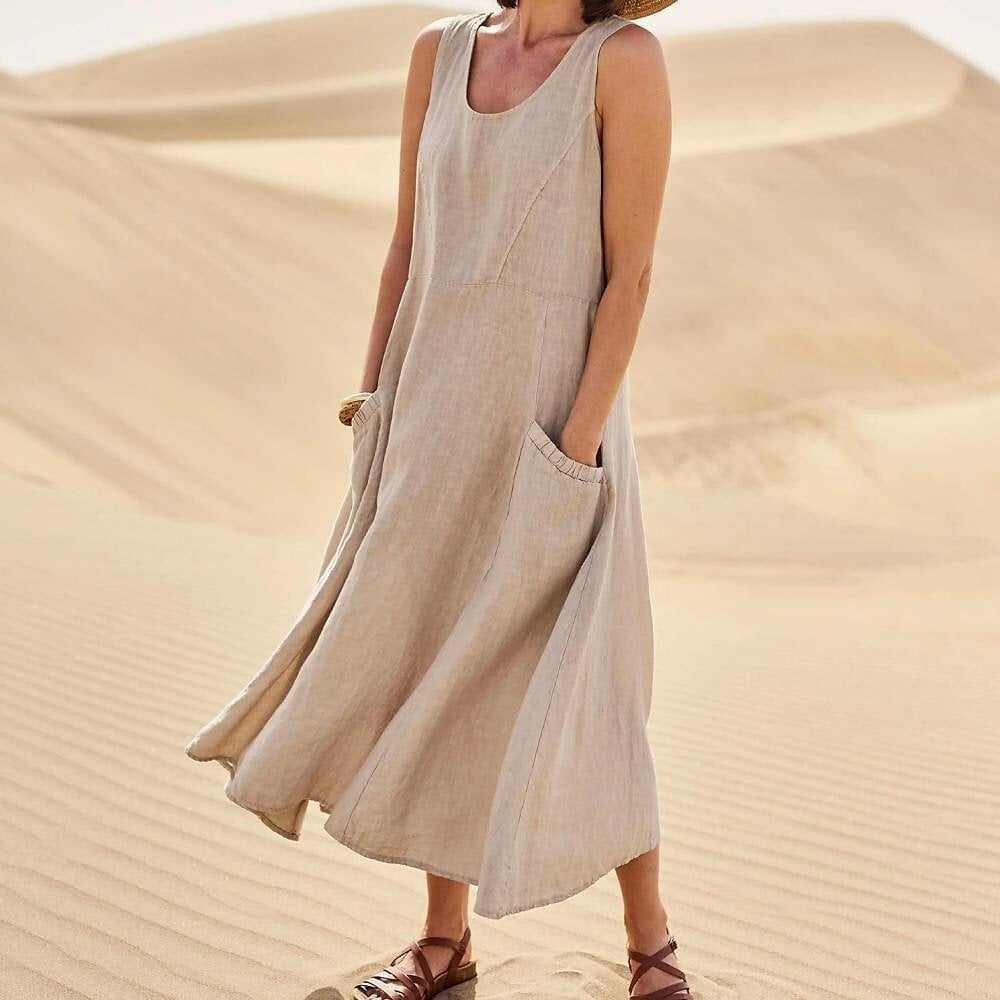 Levoire | Robe sans manches pour femmes en coton et lin, avec poche Khaki
