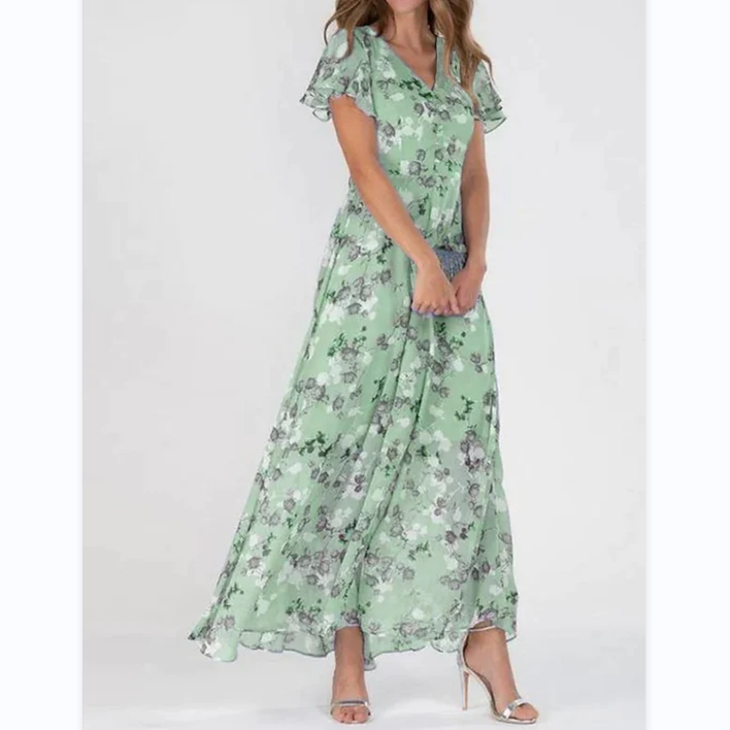 Levoire | Robe Longue Avec Manches Courtes Et Motif Floral Vert