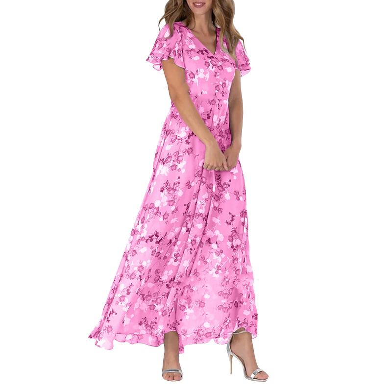 Levoire | Robe Longue Avec Manches Courtes Et Motif Floral Rosa