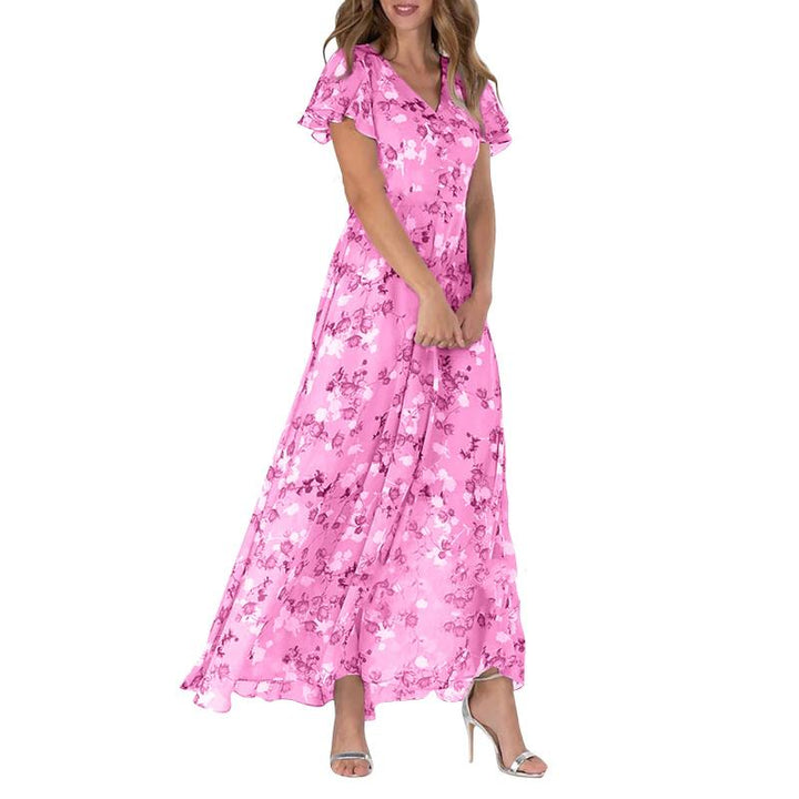 Levoire | Robe Longue Avec Manches Courtes Et Motif Floral Rosa