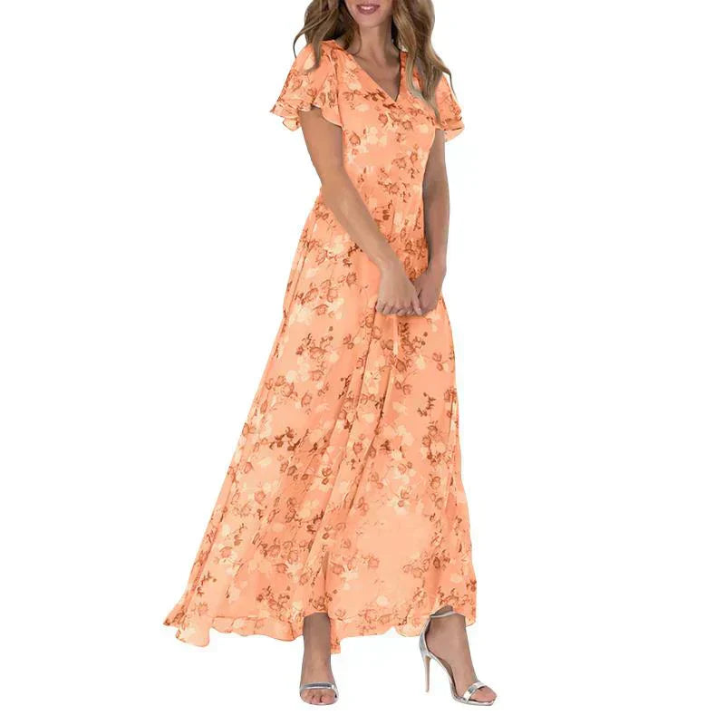 Levoire | Robe Maxi Fleurie À Manches Courtes Orange