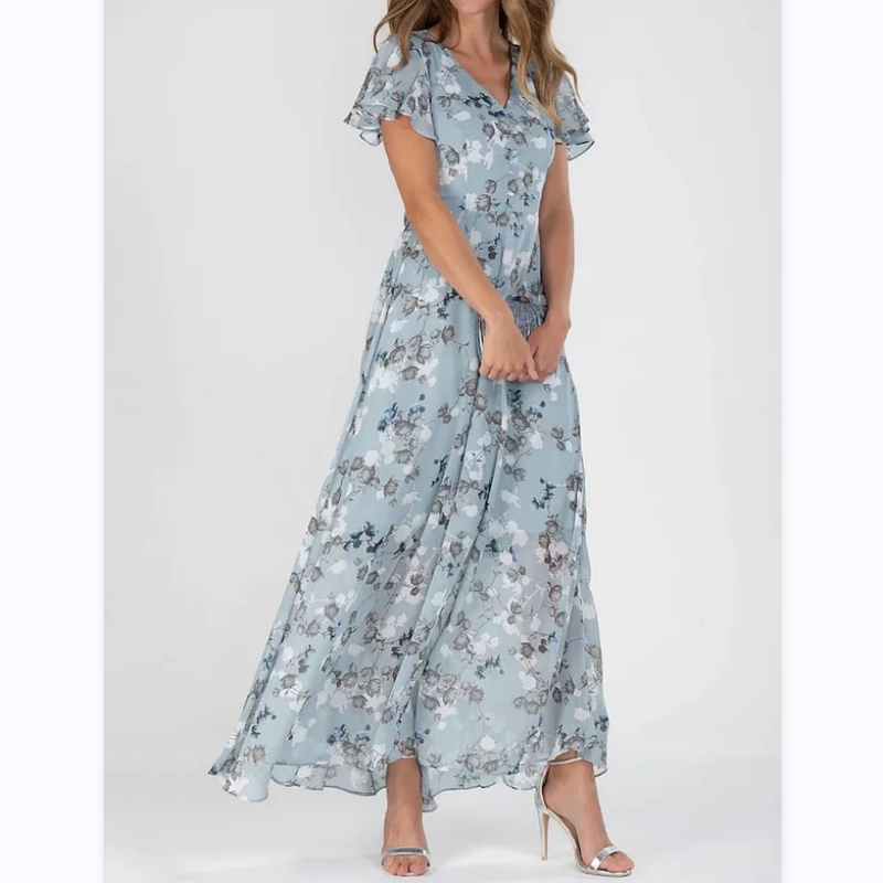 Levoire | Robe Longue Avec Manches Courtes Et Motif Floral Bleu clair
