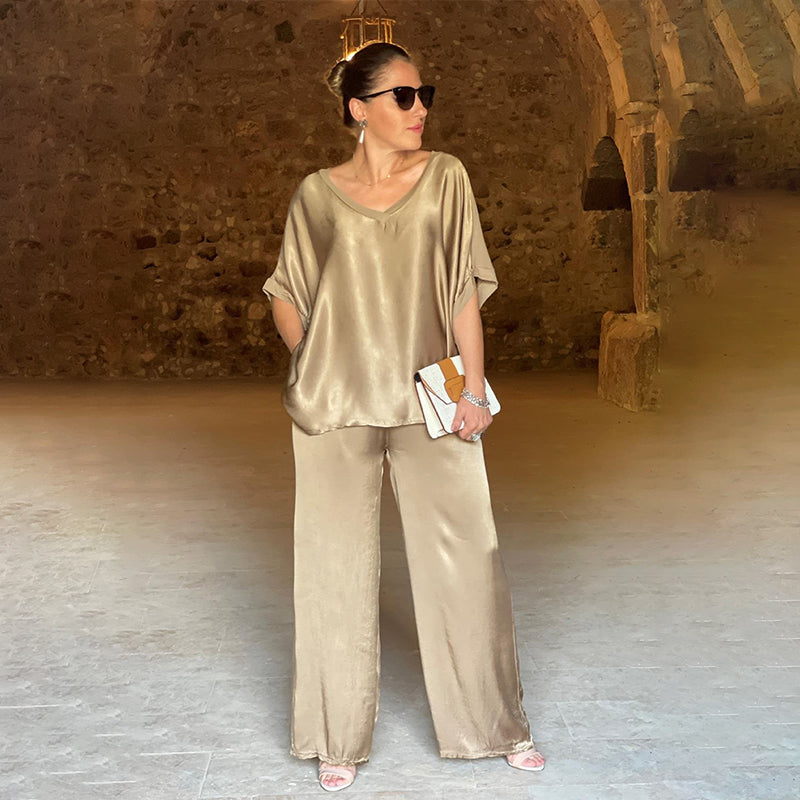 Levoire | Ensemble Élégant En Tweed Surdimensionné Brillant Avec Décolleté En V Kaki