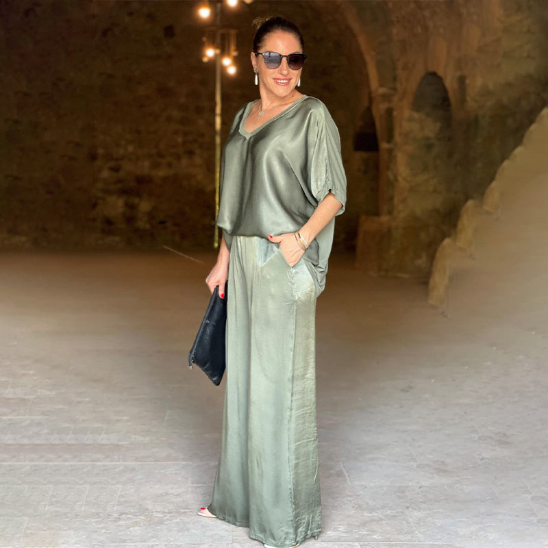 Levoire | Ensemble Élégant En Tweed Surdimensionné Brillant Avec Décolleté En V Vert
