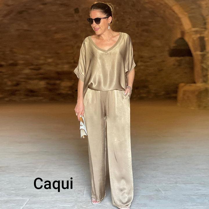 Levoire | Ensemble À Deux Pièces Élégant Et Brillant Avec Un Grand Décolleté En V Khaki