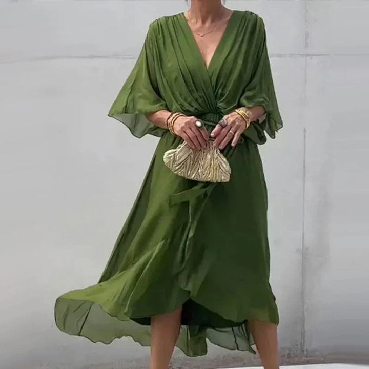 Levoire | Robe Élégante À Col En V Et Manches 3/4 Pour - Femmes - Midi Vert
